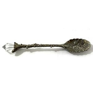 Vintage Silverplate Spoon w Crystal Handle Finial Floral Twig Design 4”